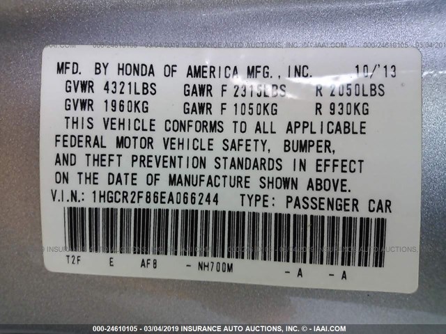 1HGCR2F86EA066244 - 2014 HONDA ACCORD EXL SILVER photo 9