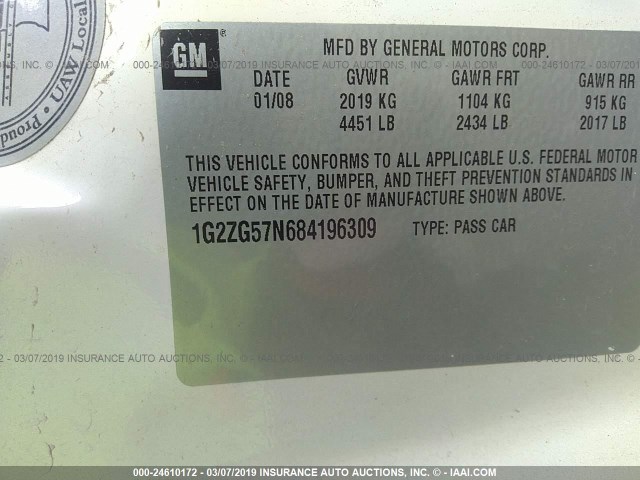 1G2ZG57N684196309 - 2008 PONTIAC G6 SE WHITE photo 9