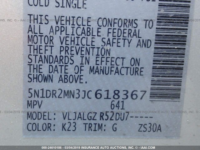 5N1DR2MN3JC618367 - 2018 NISSAN PATHFINDER S/SV/SL/PLATINUM SILVER photo 9