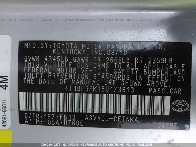 4T1BF3EK1BU173813 - 2011 TOYOTA CAMRY SE/LE/XLE SILVER photo 9