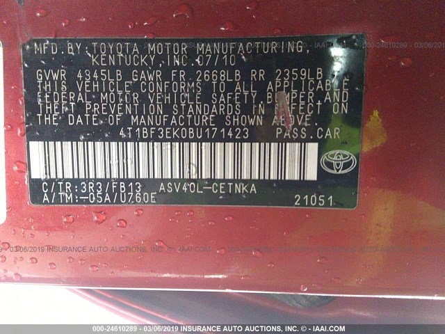 4T1BF3EK0BU171423 - 2011 TOYOTA CAMRY SE/LE/XLE 红色 照片 9