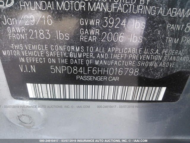 5NPD84LF6HH016798 - 2017 HYUNDAI ELANTRA SE/VALUE/LIMITED SILVER photo 9