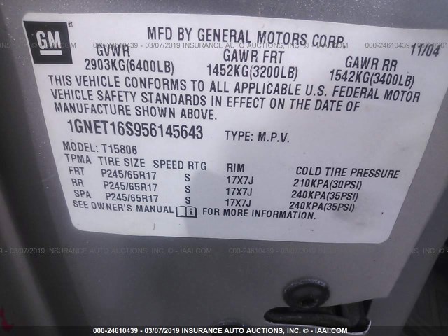 1GNET16S956145643 - 2005 CHEVROLET TRAILBLAZER EXT LS/EXT LT SILVER photo 9