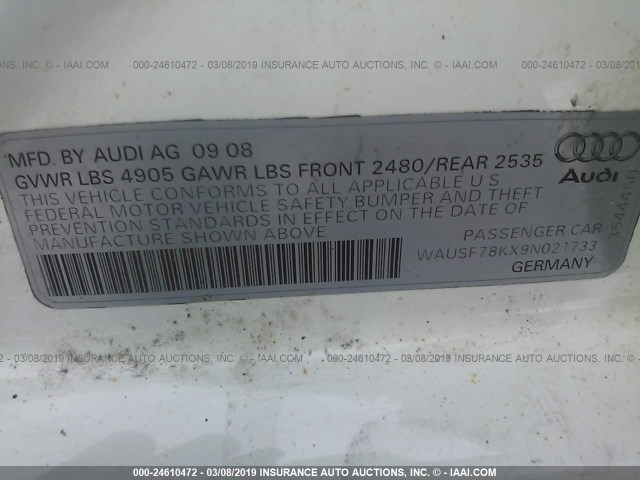 WAUSF78KX9N021733 - 2009 AUDI A4 PREMIUM PLUS WHITE photo 9