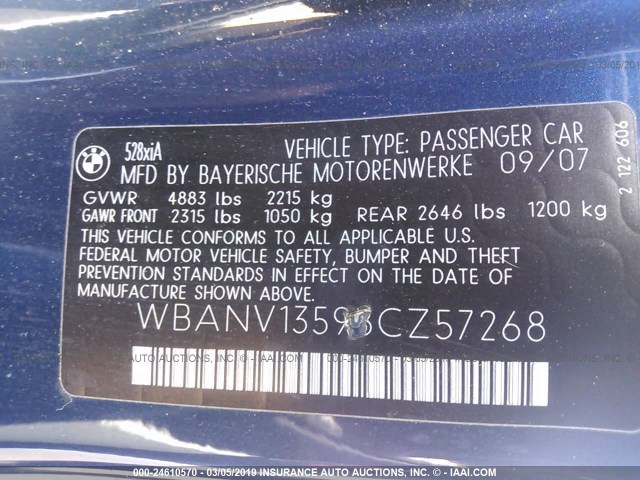 WBANV13598CZ57268 - 2008 BMW 528 XI BLUE photo 9