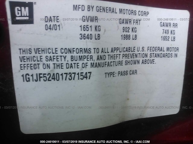 1G1JF524017371547 - 2001 CHEVROLET CAVALIER LS RED photo 9