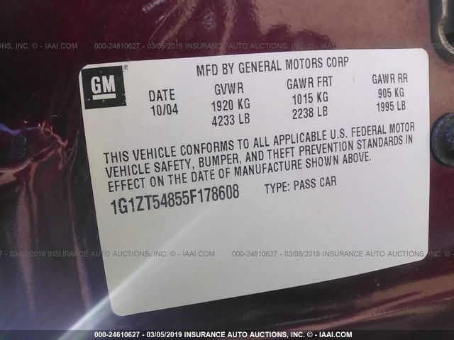 1G1ZT54855F178608 - 2005 CHEVROLET MALIBU LS BURGUNDY photo 9