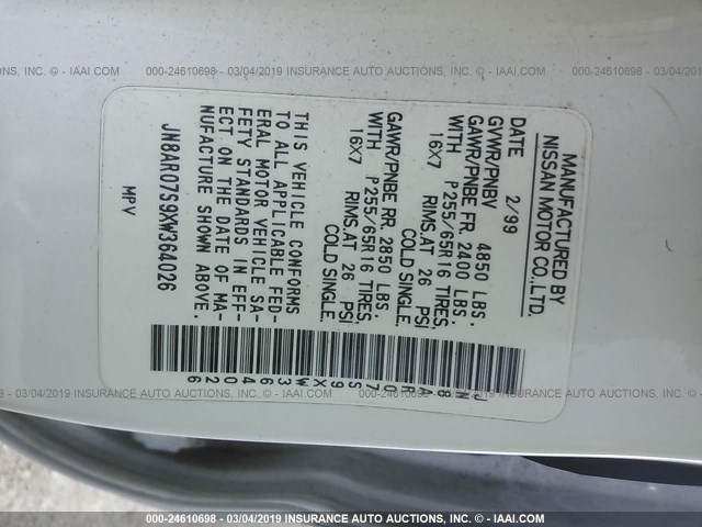 JN8AR07S9XW364026 - 1999 NISSAN PATHFINDER LE/SE/XE WHITE photo 9