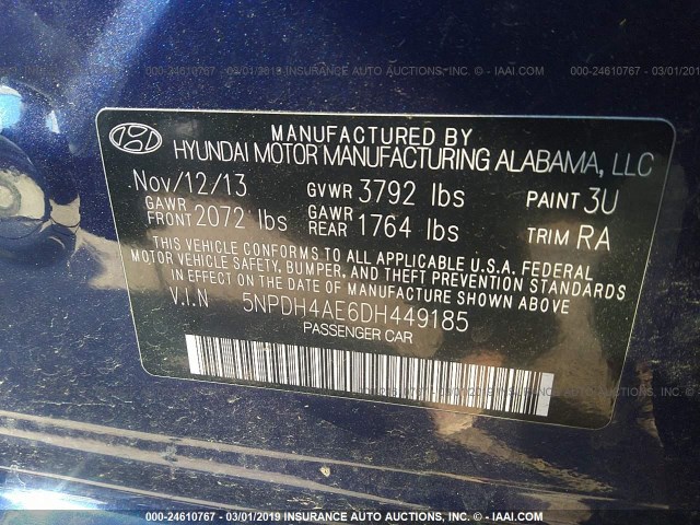 5NPDH4AE6DH449185 - 2013 HYUNDAI ELANTRA GLS/LIMITED BLUE photo 9