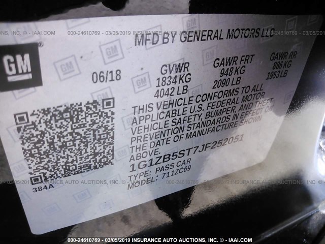 1G1ZB5ST7JF252051 - 2018 CHEVROLET MALIBU LS BLACK photo 9