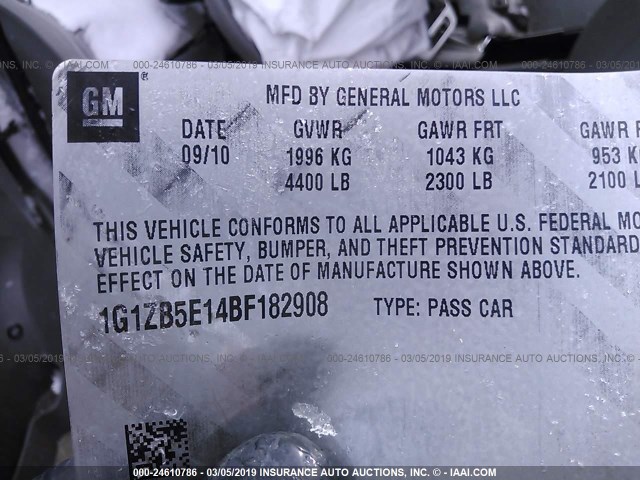 1G1ZB5E14BF182908 - 2011 CHEVROLET MALIBU LS SILVER photo 9