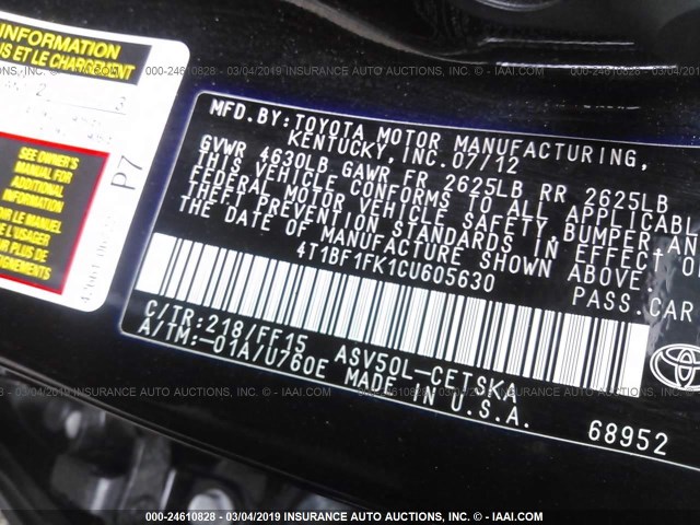 4T1BF1FK1CU605630 - 2012 TOYOTA CAMRY SE/LE/XLE BLACK photo 9