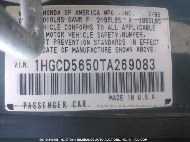 1HGCD5650TA269083 - 1996 HONDA ACCORD EX/EX-R GRAY photo 9