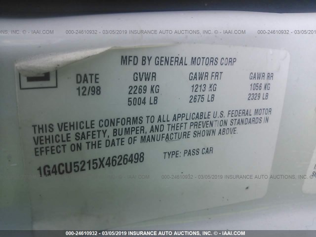 1G4CU5215X4626498 - 1999 BUICK PARK AVENUE ULTRA WHITE photo 9