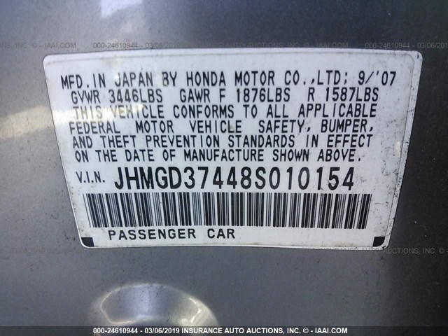 JHMGD37448S010154 - 2008 HONDA FIT SILVER photo 9