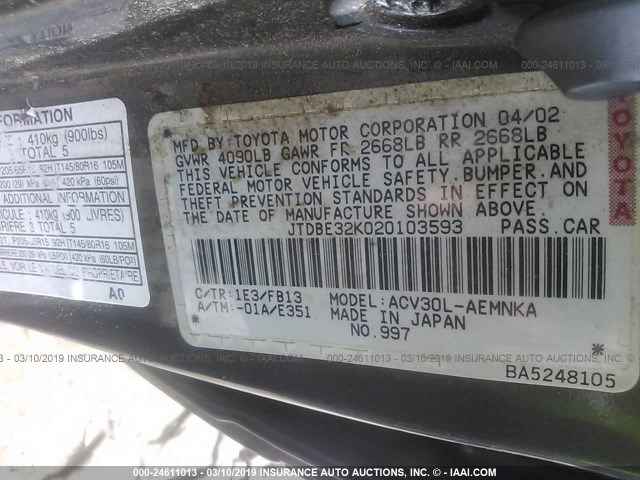 JTDBE32K020103593 - 2002 TOYOTA CAMRY LE/XLE/SE GRAY photo 9