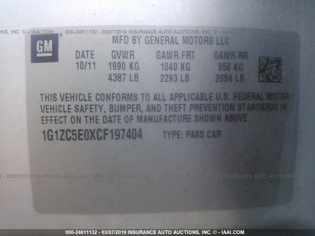 1G1ZC5E0XCF197404 - 2012 CHEVROLET MALIBU 1LT 银色 照片 9