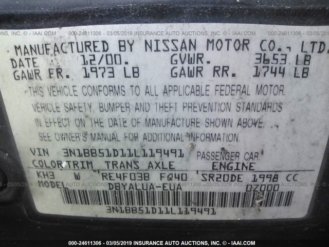 3N1BB51D11L119491 - 2001 NISSAN SENTRA SE BLACK photo 9