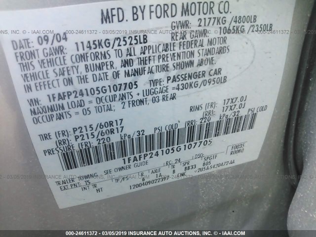 1FAFP24105G107705 - 2005 FORD FIVE HUNDRED SEL SILVER photo 9