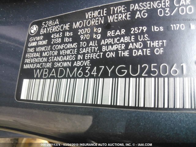 WBADM6347YGU25061 - 2000 BMW 528 I AUTOMATIC BLUE photo 9