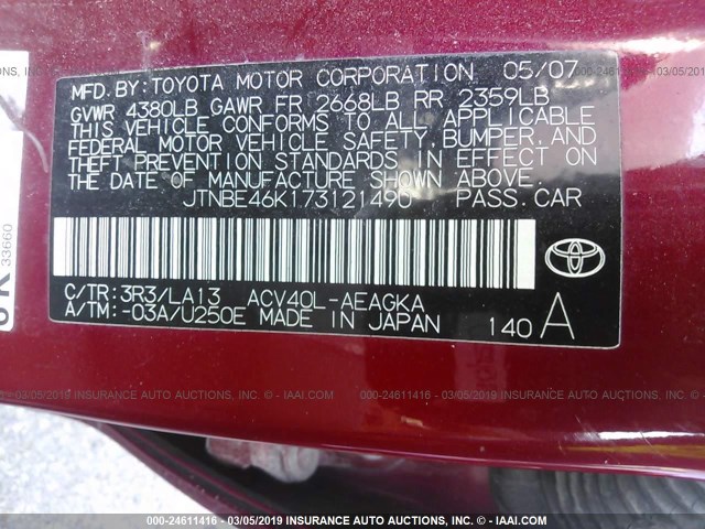 JTNBE46K173121490 - 2007 TOYOTA CAMRY NEW GENERAT CE/LE/XLE/SE RED photo 9