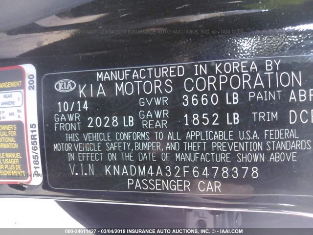 KNADM4A32F6478378 - 2015 KIA RIO LX BLACK photo 9