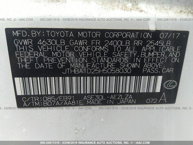 JTHBA1D25H5058030 - 2017 LEXUS IS 200T WHITE photo 9