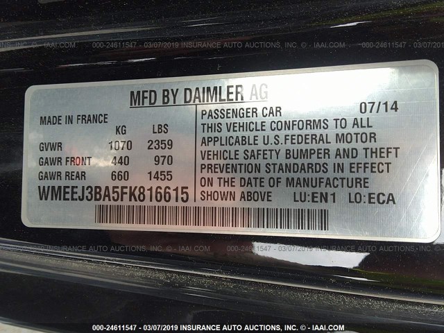 WMEEJ3BA5FK816615 - 2015 SMART FORTWO PURE/PASSION BLACK photo 9