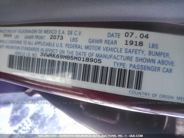 3VWRK69M85M018905 - 2005 VOLKSWAGEN JETTA GL RED photo 9