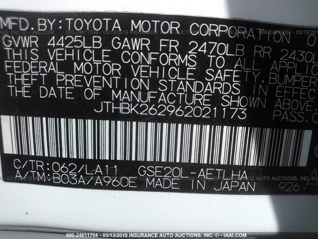 JTHBK262962021173 - 2006 LEXUS IS 250 WHITE photo 9