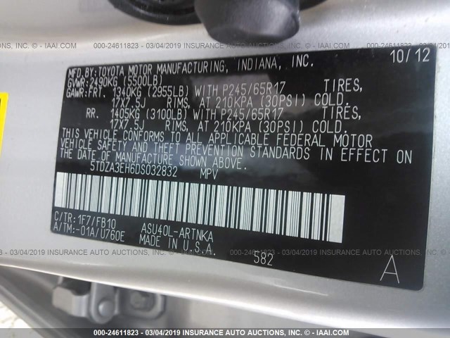 5TDZA3EH6DS032832 - 2013 TOYOTA HIGHLANDER PLUS SILVER photo 9