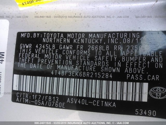 4T4BF3EK6BR215284 - 2011 TOYOTA CAMRY SE/LE/XLE SILVER photo 9