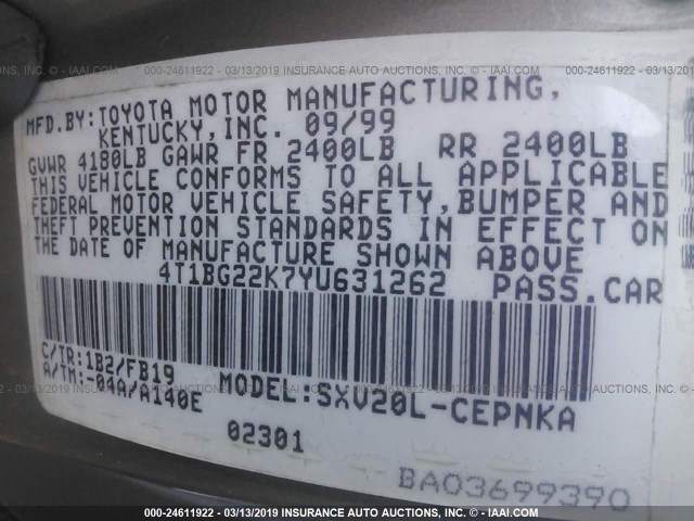 4T1BG22K7YU631262 - 2000 TOYOTA CAMRY CE/LE/XLE 金色 照片 9