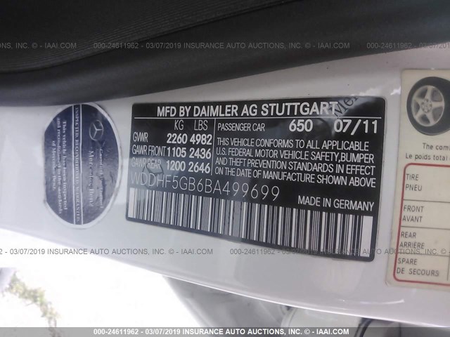 WDDHF5GB6BA499699 - 2011 MERCEDES-BENZ E 350 WHITE photo 9