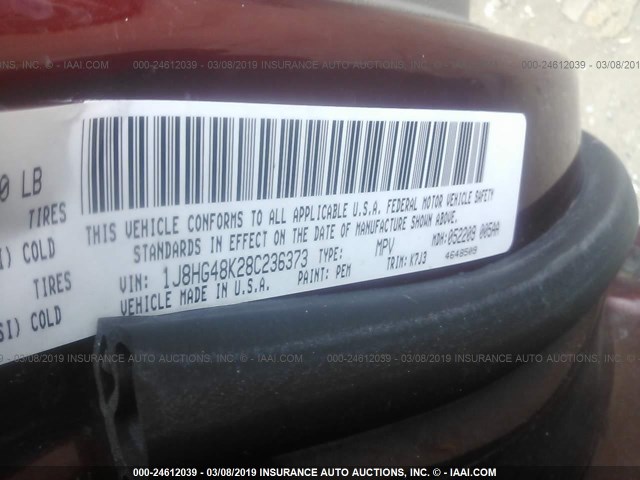 1J8HG48K28C236373 - 2008 JEEP COMMANDER SPORT ბურგუნდია ფოტო 9