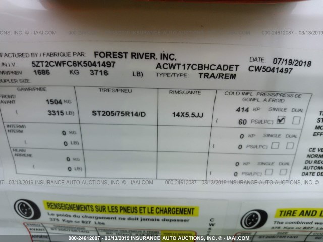 5ZT2CWFC6K5041497 - 2019 FOREST RIVER CLIPPER  未知 照片 10