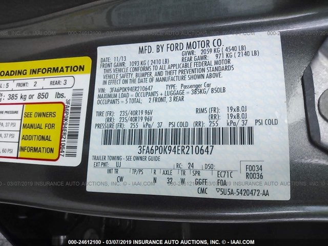 3FA6P0K94ER210647 - 2014 FORD FUSION TITANIUM GRAY photo 9