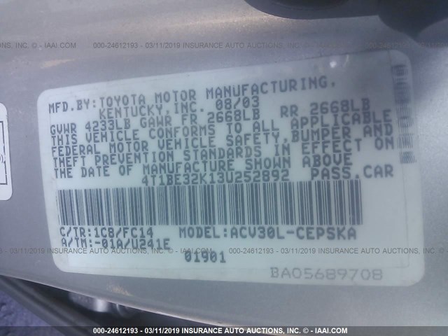 4T1BE32K13U252892 - 2003 TOYOTA CAMRY LE/XLE/SE SILVER photo 9