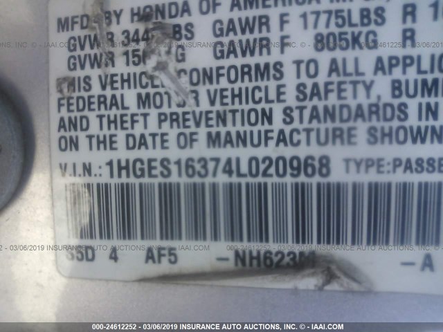 1HGES16374L020968 - 2004 HONDA CIVIC DX VP Gümüş foto 9