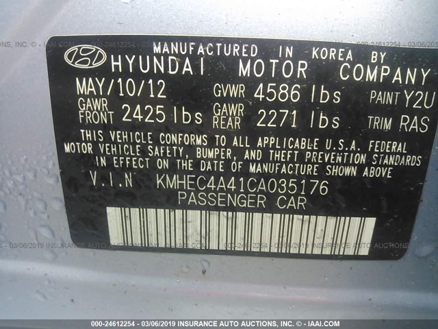 KMHEC4A41CA035176 - 2012 HYUNDAI SONATA HYBRID Light Blue photo 9