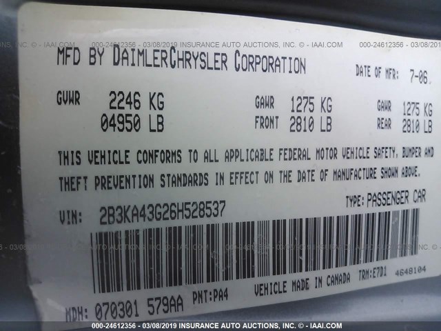 2B3KA43G26H528537 - 2006 DODGE CHARGER SE/SXT GRAY photo 9