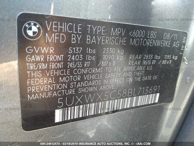 5UXWX5C58BL713691 - 2011 BMW X3 XDRIVE28I GRAY photo 9