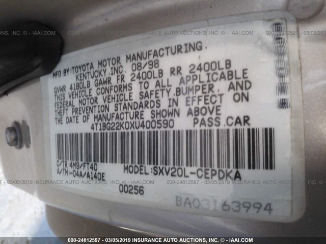 4T1BG22K0XU400590 - 1999 TOYOTA CAMRY CE/LE/XLE 金色 照片 9