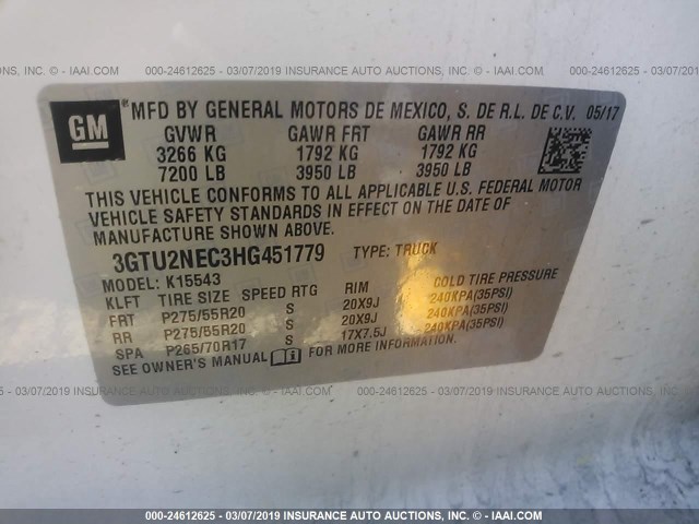 3GTU2NEC3HG451779 - 2017 GMC SIERRA K1500 SLT WHITE photo 9