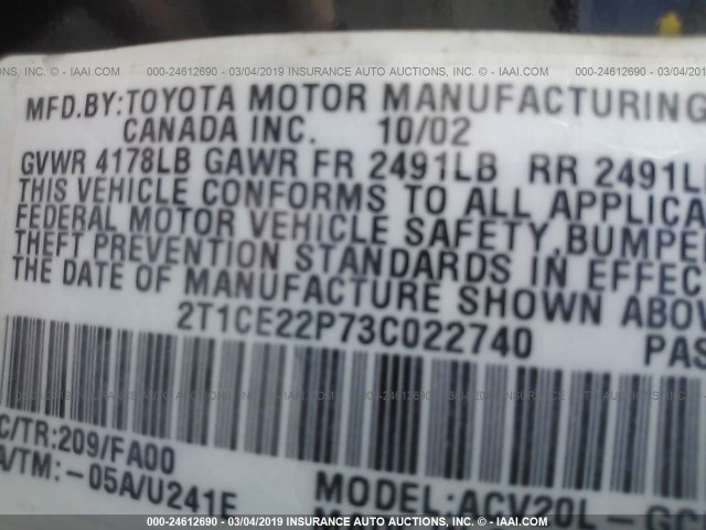 2T1CE22P73C022740 - 2003 TOYOTA CAMRY SOLARA SE BLACK photo 9