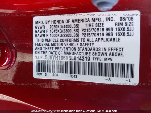 5J6YH186X5L014319 - 2005 HONDA ELEMENT EX RED photo 9