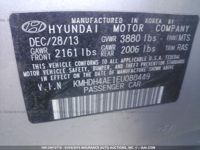 KMHDH4AE1EU088449 - 2014 HYUNDAI ELANTRA SE/SPORT/LIMITED SILVER photo 9