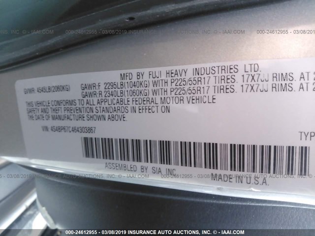 4S4BP67C464303867 - 2006 SUBARU LEGACY OUTBACK 2.5 XT LIMITED SILVER photo 9