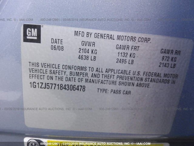 1G1ZJ577184306478 - 2008 CHEVROLET MALIBU 2LT GRAY photo 9