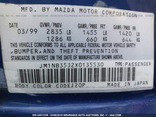 JM1NB3532X0135530 - 1999 MAZDA MX-5 MIATA BLUE photo 9